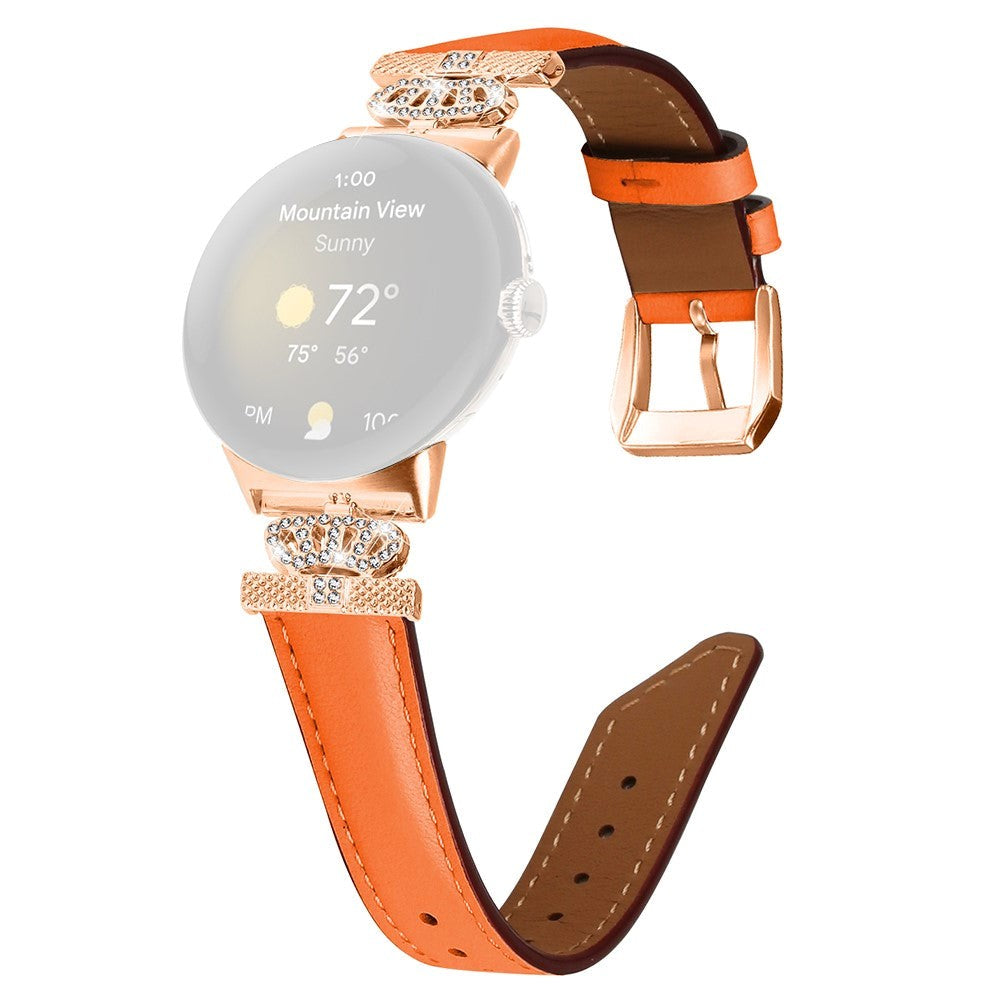 Google Pixel Watch 1 / 2 / 3 Leather Strap w. Rose Gold Rhinestone Buckle - Orange
