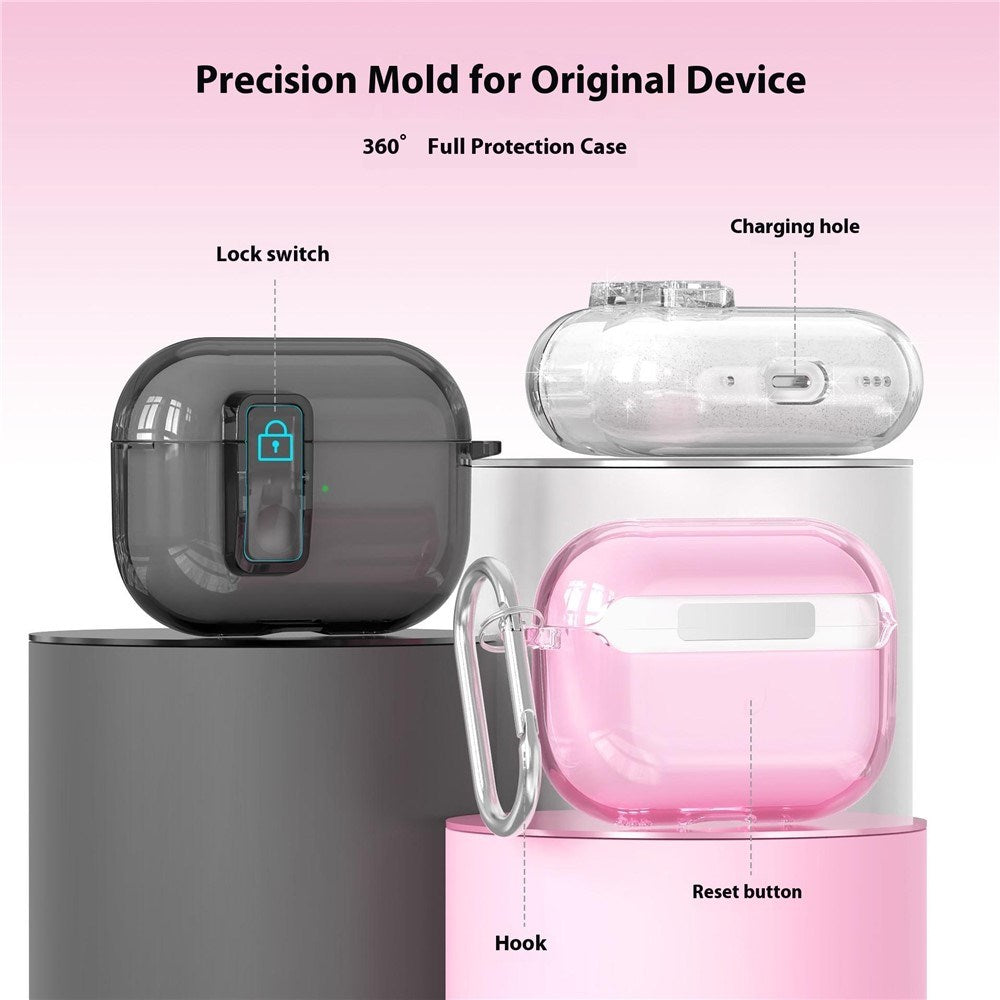 Apple AirPods Pro (3rd gen.) Hybrid Plastic Case with Carabiner - Transparent Glitter / Pink