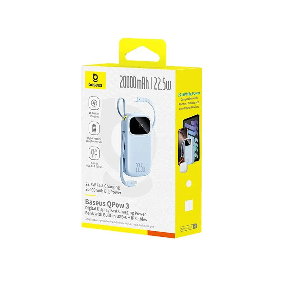 Baseus EnerFill 20,000mAh Powerbank 22.5W with Built-in USB-C & Lightning Cable - Blue