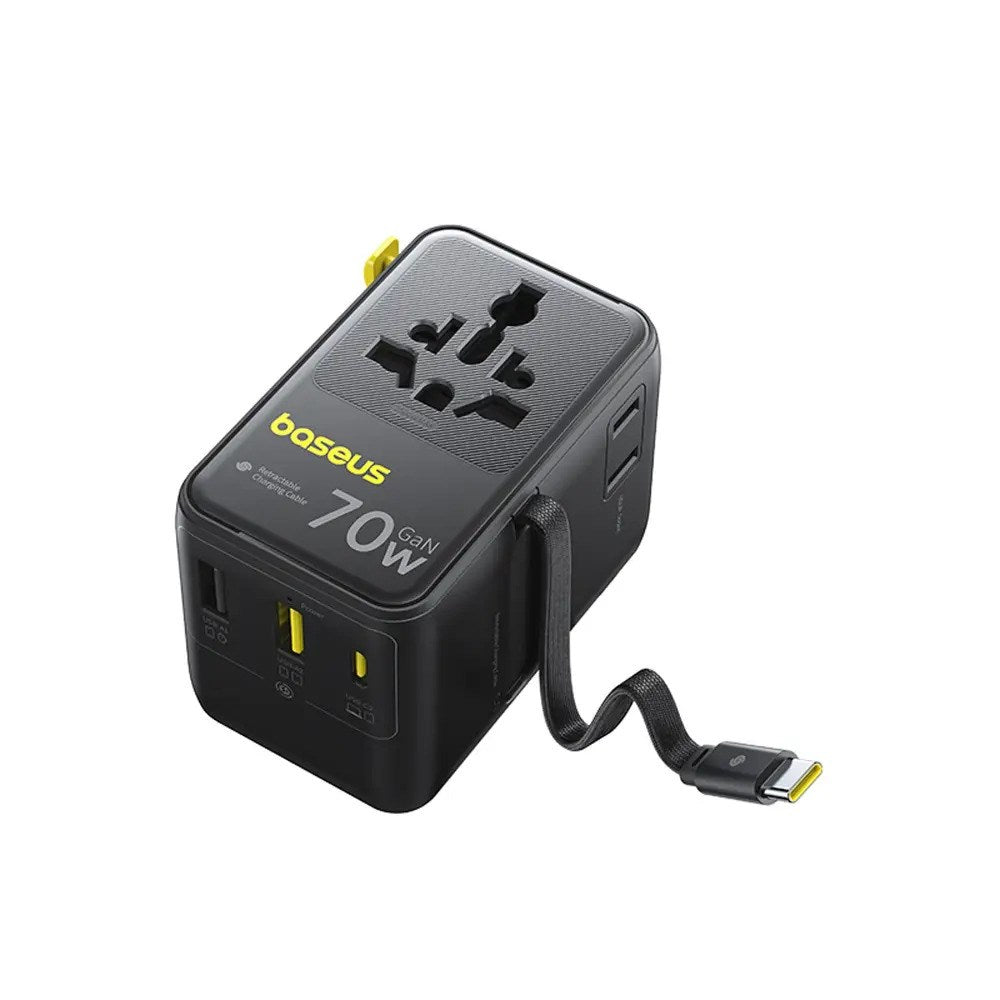 Baseus EnerCore 70W 6-in-1 Travel Adapter with Retractable USB-C Cable - Black