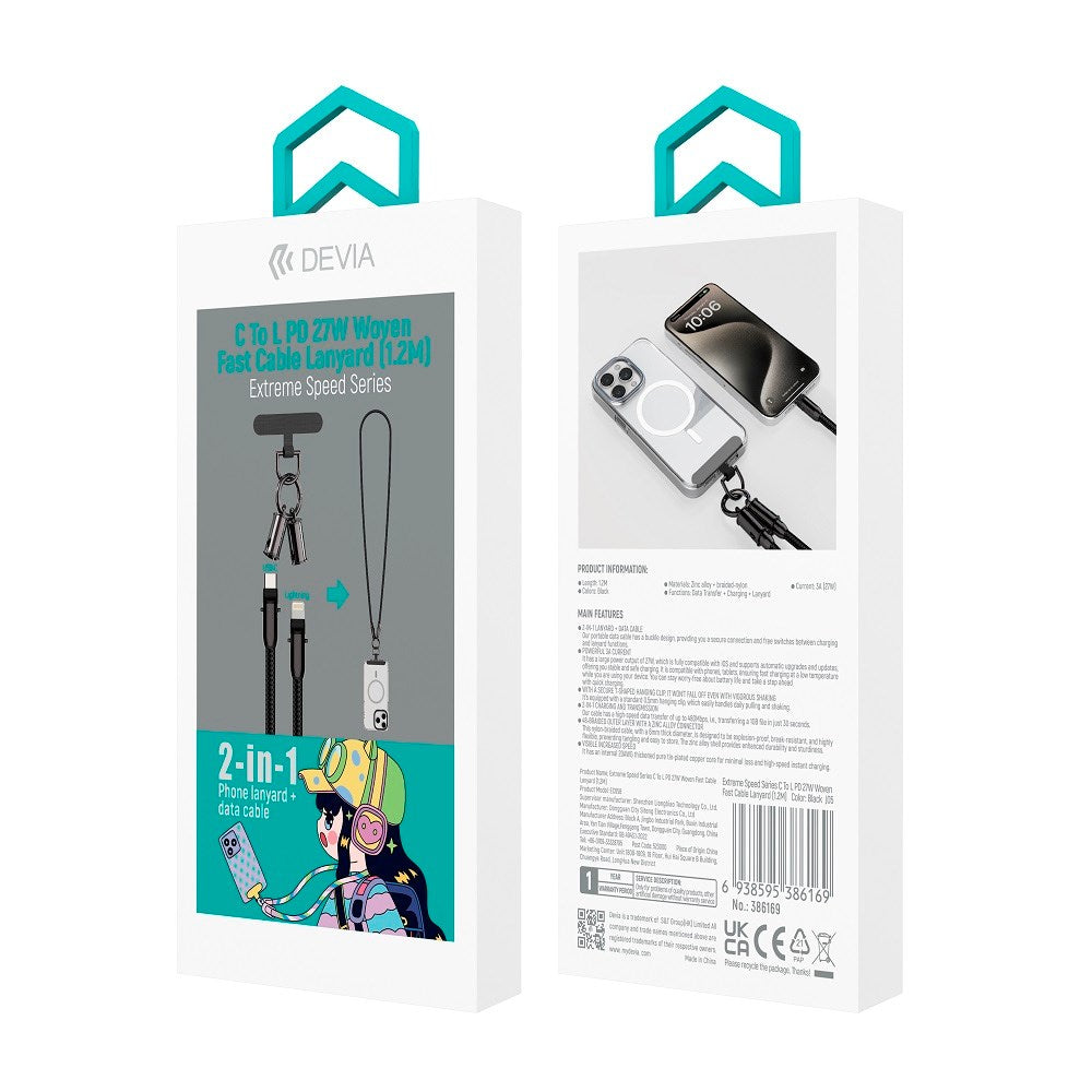 Devia 2-in-1 Phone Strap & USB-C to Lightning Cable - Black