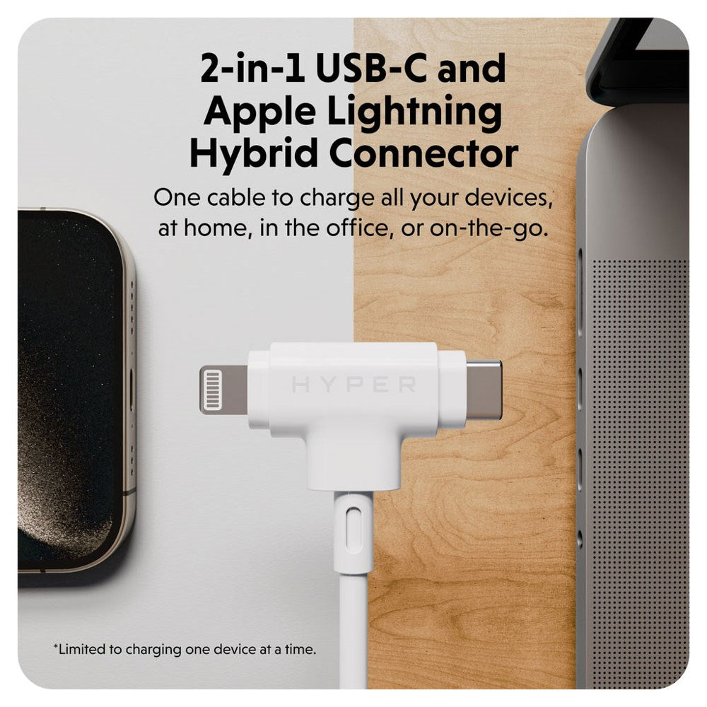 Hyper HyperJuice 60W 2-in-1 Hybrid Silicone USB-C to USB-C & Lightning Cable - 1.5m - White