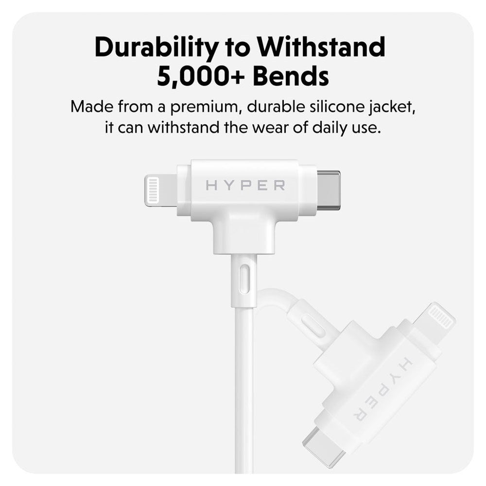 Hyper HyperJuice 60W 2-in-1 Hybrid Silicone USB-C to USB-C & Lightning Cable - 1.5m - White