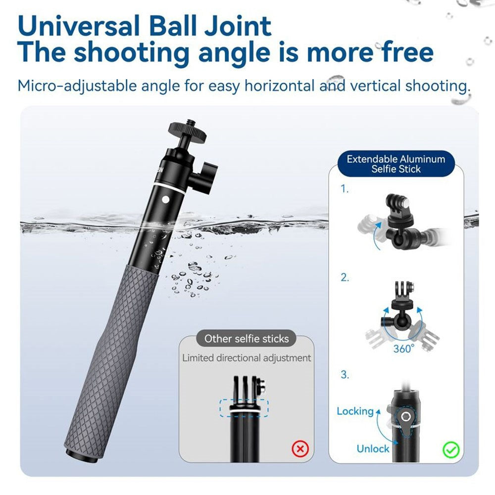 TELESIN Waterproof Selfie Stick with 360 Rotatable Joint - Black / Gray