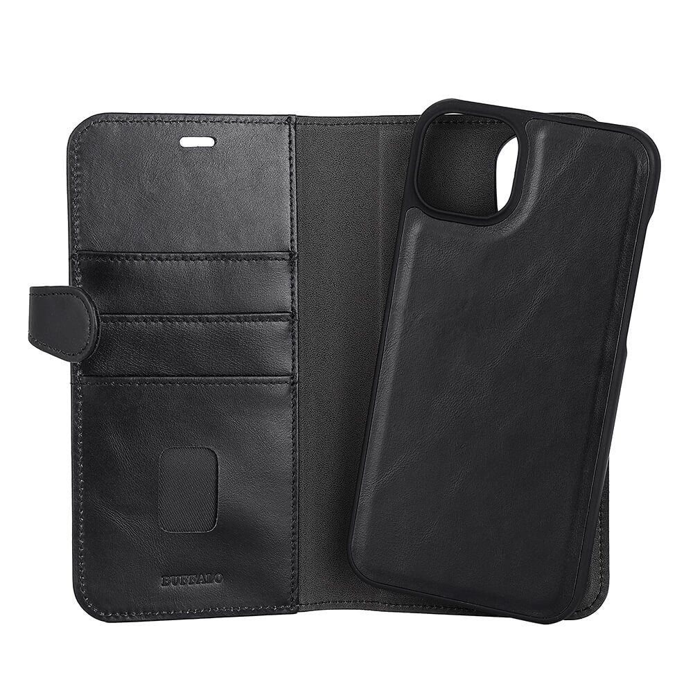 iPhone 14 Plus Buffalo Wallet Genuine Leather Magnet Wallet Case - Black