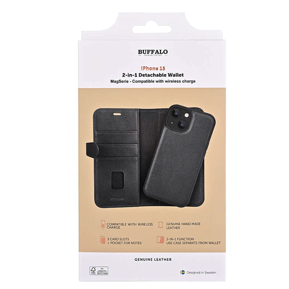 iPhone 15 Buffalo 2-in-1 Wallet Genuine Leather Magnet Flip Case with Wallet - Black