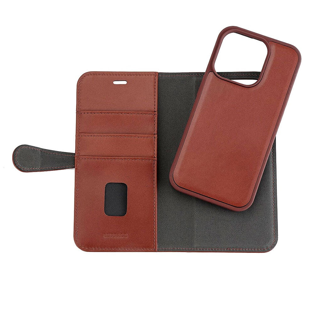iPhone 15 Pro Buffalo 2-in-1 Wallet Genuine Leather Magnet Flip Case with Wallet - Brown