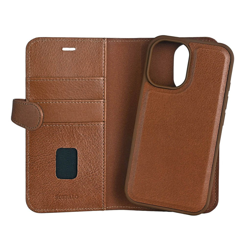 iPhone 16 Buffalo 2-in-1 Wallet Genuine Leather Magnet Flip Case with Wallet - MagSafe Compatible - Brown