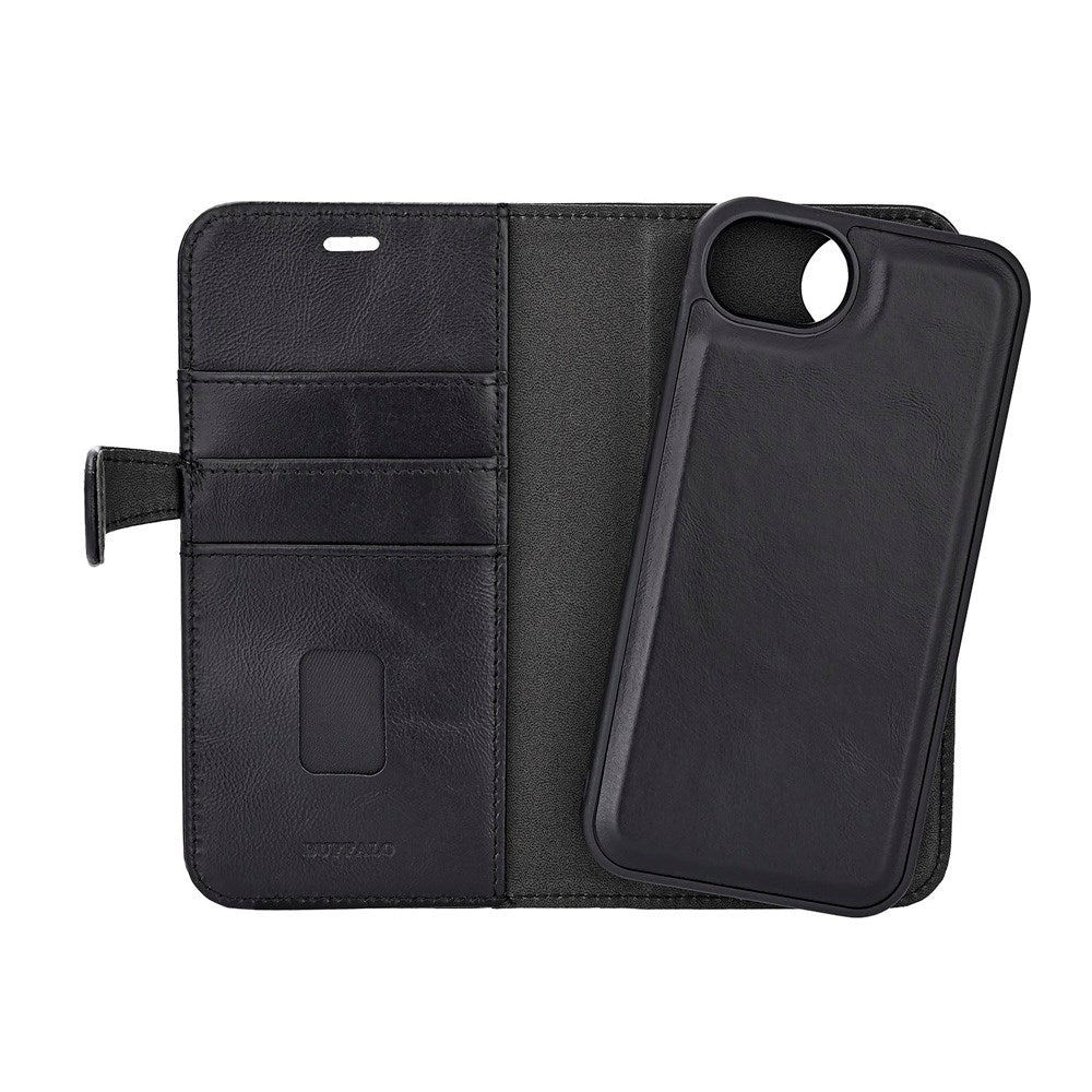 iPhone 16e Buffalo 2-in-1 Genuine Leather Flip Case - Black