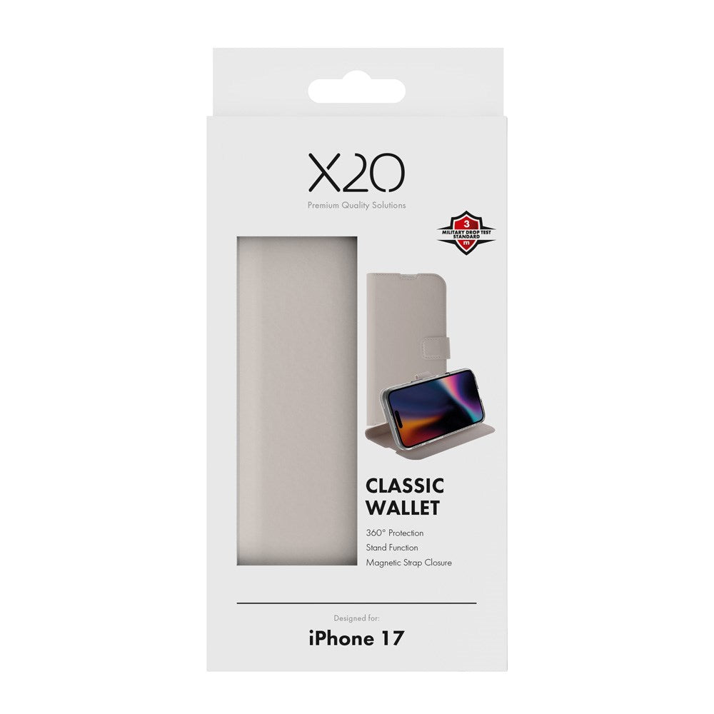X2O iPhone 17 Classic Wallet Flip Case - Card Holder & Stand Function - Beige