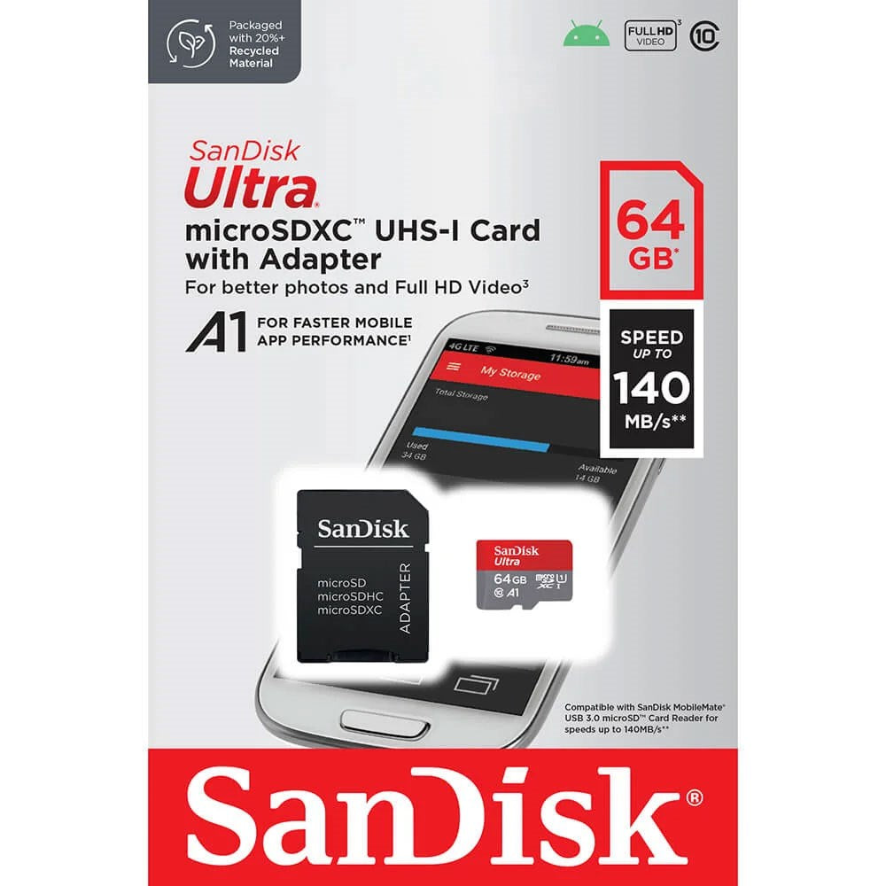 SanDisk MicroSDXC Memory Card with Adapter - 64GB - Red / Grey