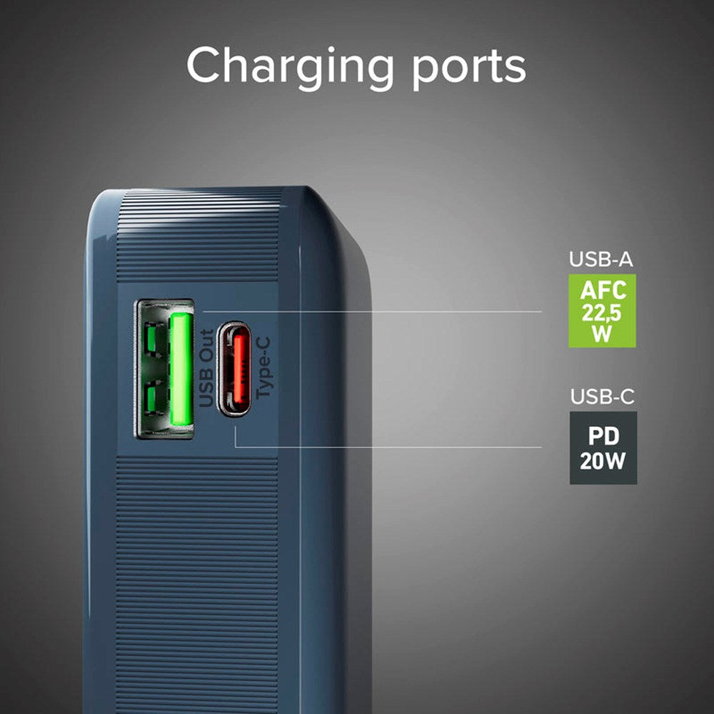 SBS - 20W LCD PowerBank with 1x USB-A & 1x USB-C - 10.000 mAh - Blue