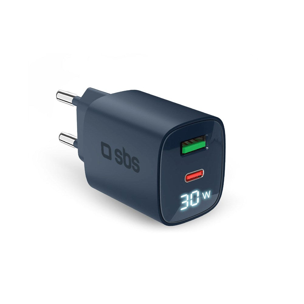 SBS - 30W LCD Wall Charger with 1x USB-A & 1x USB-C - Blue