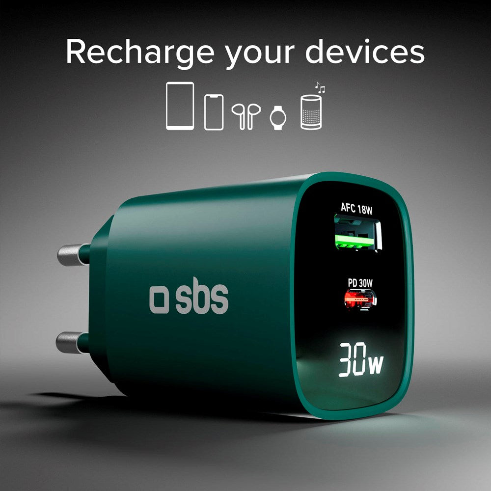 SBS - 30W LCD Wall Charger with 1x USB-A & 1x USB-C - Green