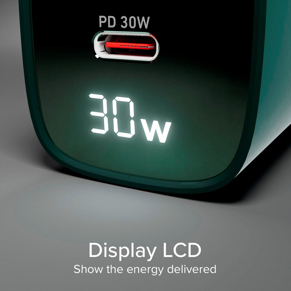 SBS - 30W LCD Wall Charger with 1x USB-A & 1x USB-C - Green