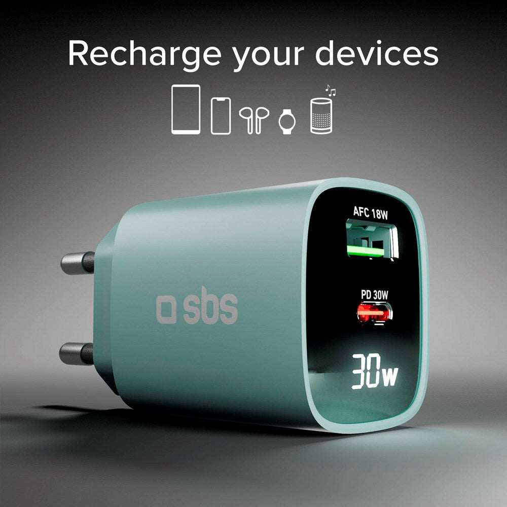 SBS - 30W LCD Wall Charger with 1x USB-A & 1x USB-C - Light Blue