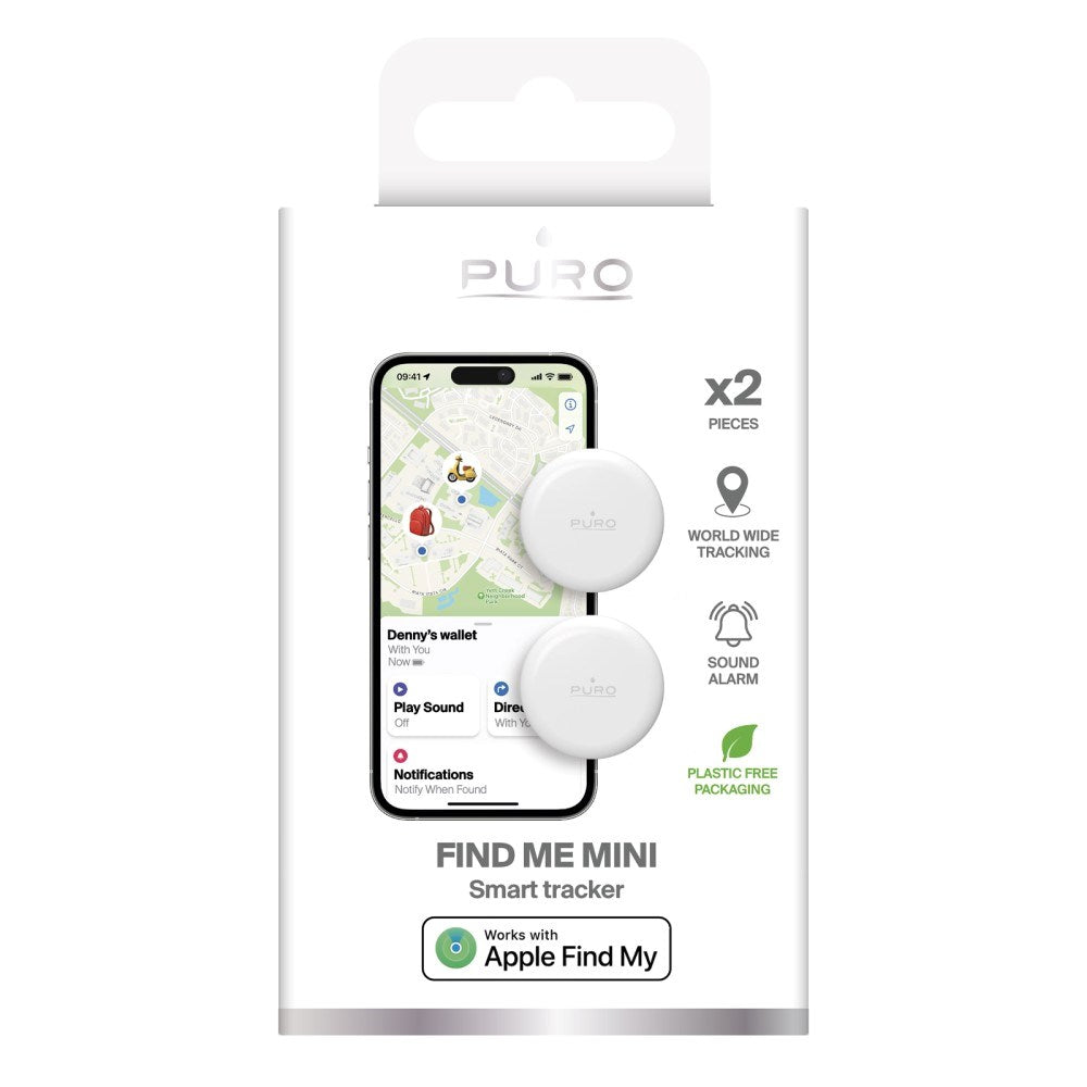 Puro Find Me Mini Dual Smart Tracker - Apple Find My & Android Find Hub - 2 pcs - White