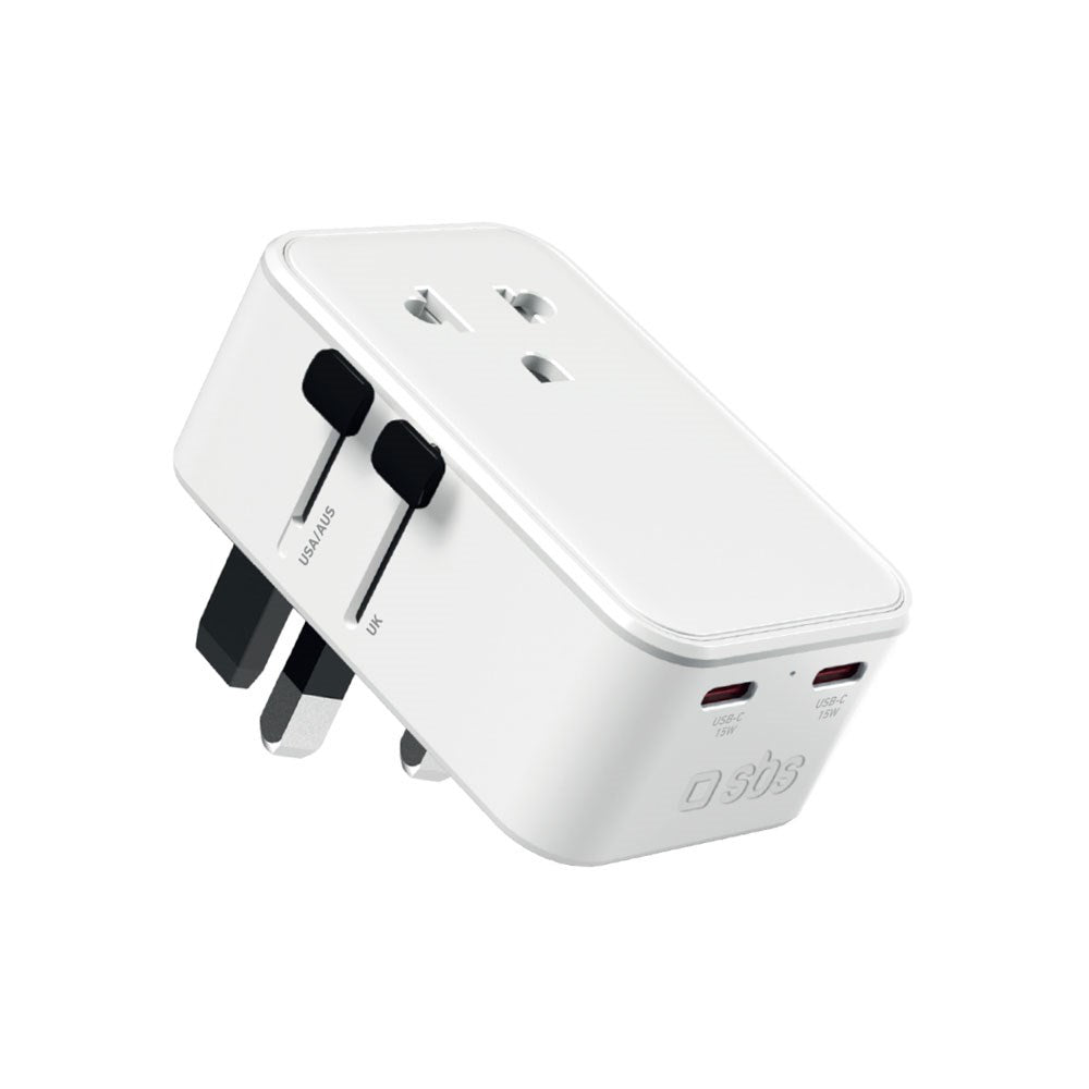 SBS Extra Slim Travel Adapter for UK / US / AUS with 1 x USB-A & 2 x USB-C - White