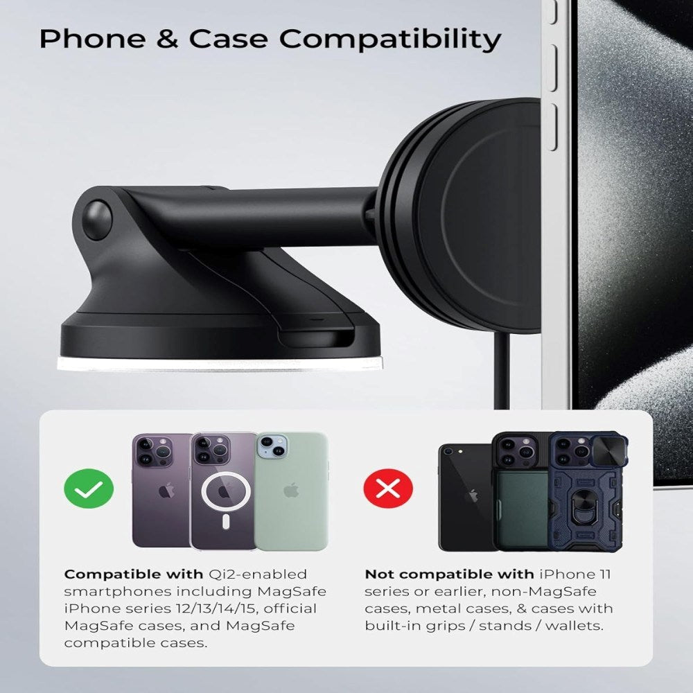 iOttie Velox Qi2 Car Mount with Wireless Charger - Dashboard / Windshield - MagSafe Compatible - Black