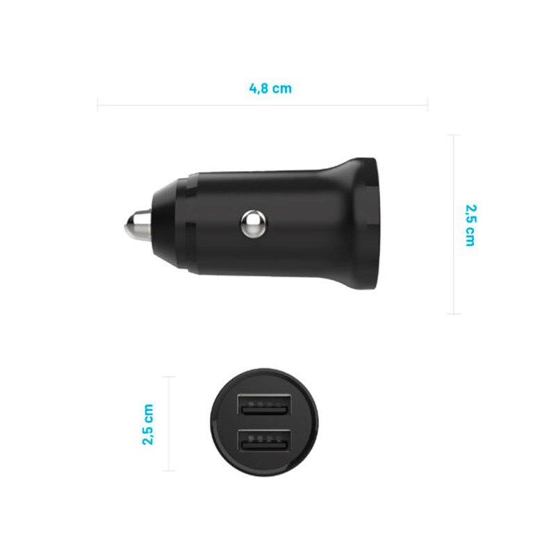 Fixed Mini Car Charger 2x USB-A / 1x Lightning Cable 15W - 1m - Black