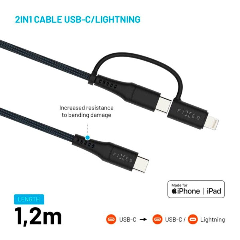 Fixed 2-in-1 60W USB-C to Lightning Cable 1.2m - Black