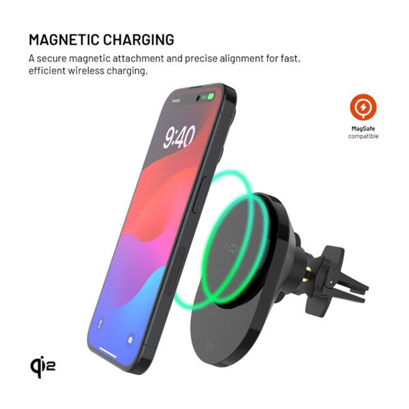 Fixed Magnetic Car Phone Holder - 15W Wireless Charging - MagSafe / Qi2 Compatible - Black