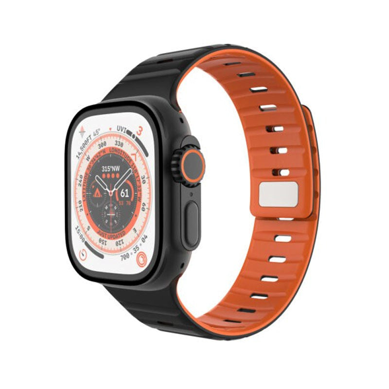 Apple Watch (42/44/SE/45/46/49mm) Fixed Magnetic Silicone Strap - Black / Orange