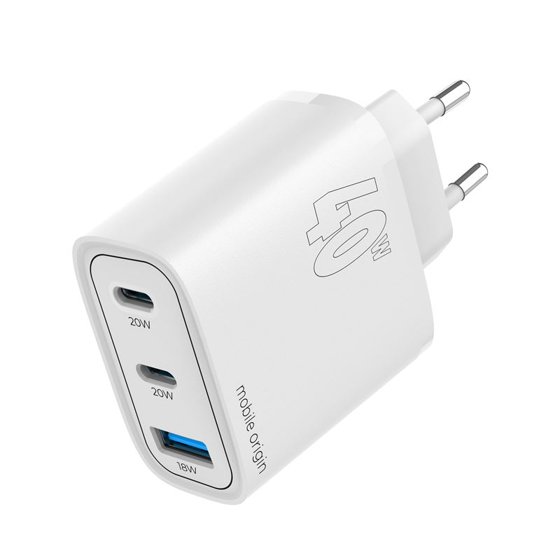 Mobile Origin GaN 40W Wall Charger with USB-A + 2 USB-C Ports - White