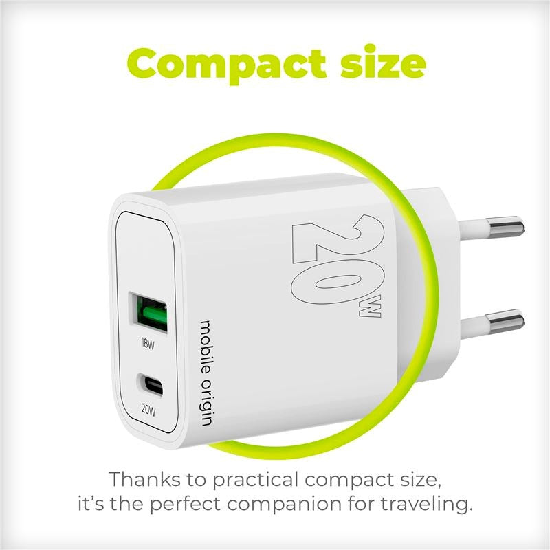 Mobile Origin MO12 20W Wall Charger with 1x USB-A & 1x USB-C - White