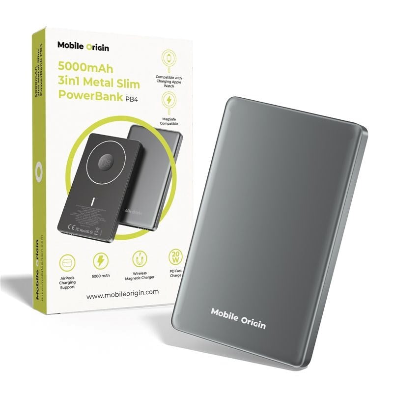 Mobile Origin 3-in-1 Power Bank 5000mAh Slim – w. MagSafe & Fast Charging