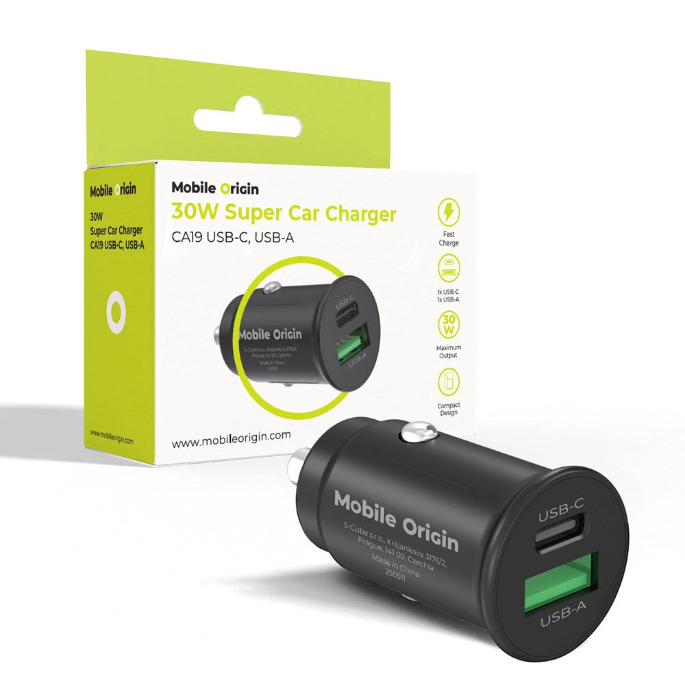 Mobile Origin 30W Car Charger with 1 x USB-A & 1 x USB-C – Black