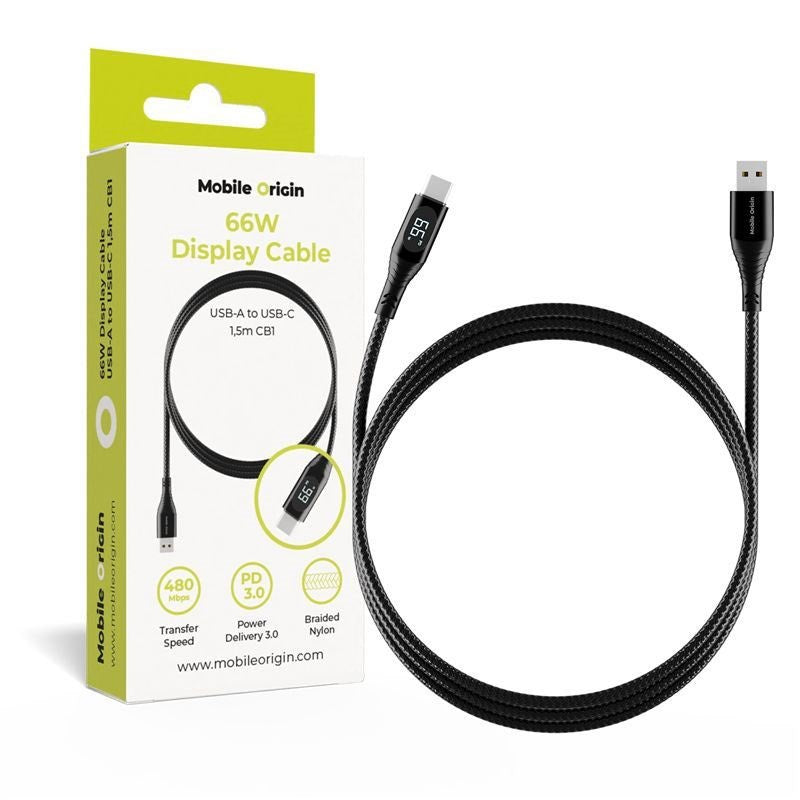 Mobile Origin 66W USB-A to USB-C Cable with Display - 1.5 m - Black