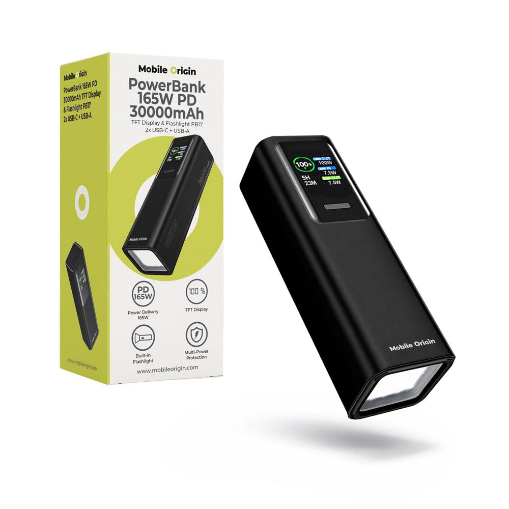 Mobile Origin 165W PowerBank with Display & Flashlight - 2x USB-C & 1x USB-A - 30.000 mAh - Black