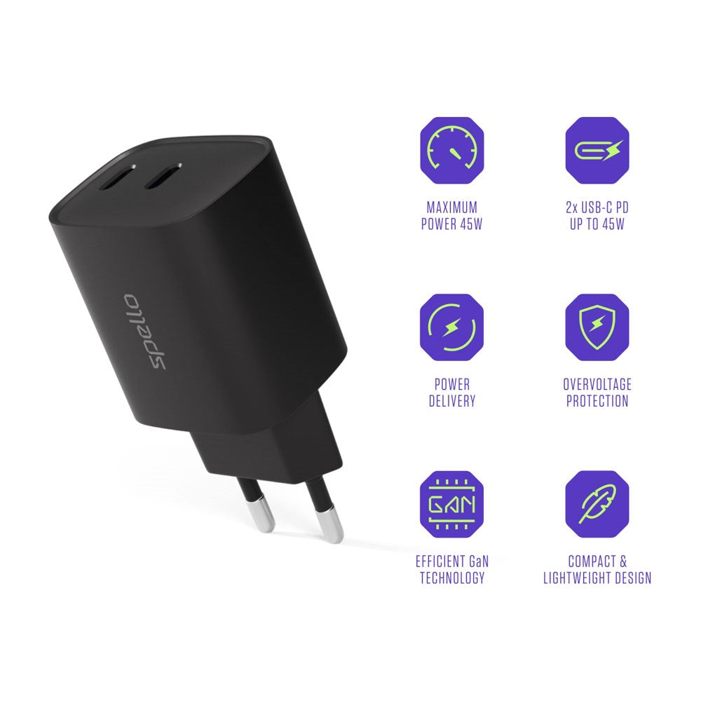 Spello 45W PD (Power Delivery) Wall Charger with 2 x USB-C - Black