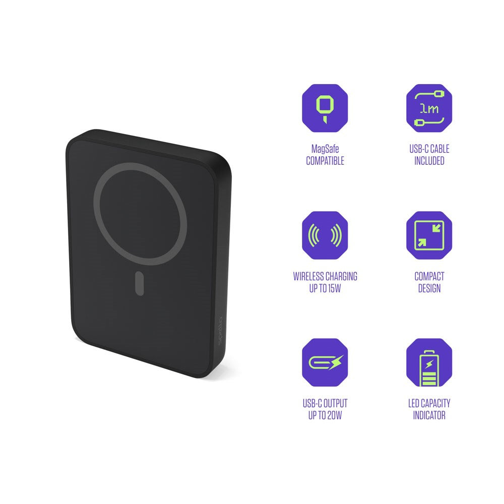 Spello ForcePack 5000mAh Magnetic Power Bank 15W - MagSafe Compatible - Black