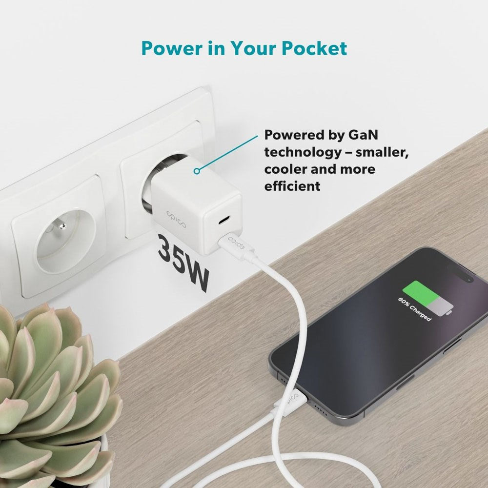 Epico UltraBoost GaN 35W Wall Charger with 1.2m USB-C to USB-C Cable - 2x USB-C - White