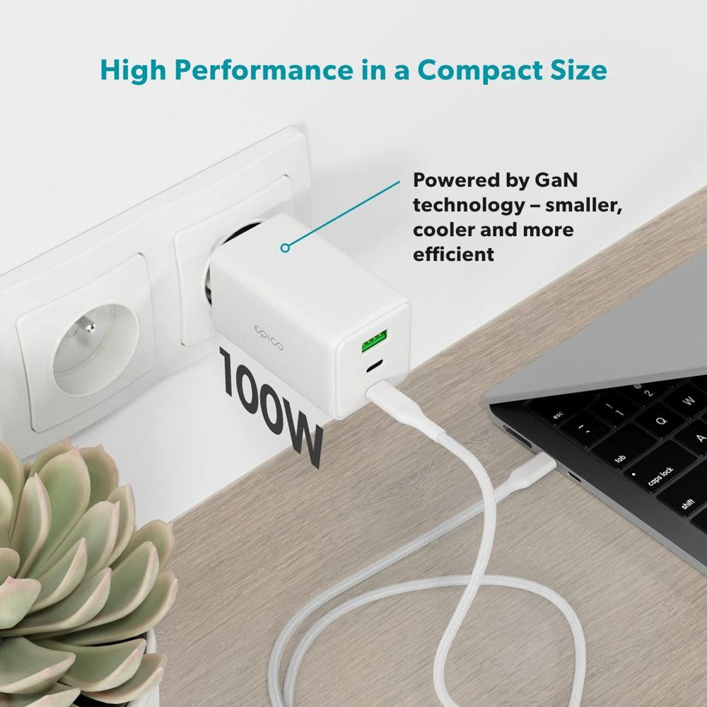 Epico UltraBoost GaN 100W Wall Charger with 1.2m USB-C to USB-C Cable - 2x USB-C / 1x USB-A - White