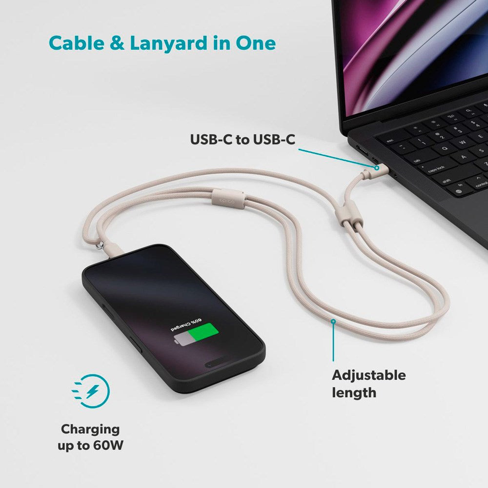 Epico 2-in-1 Phone Strap with Integrated USB-C to USB-C Cable - Beige