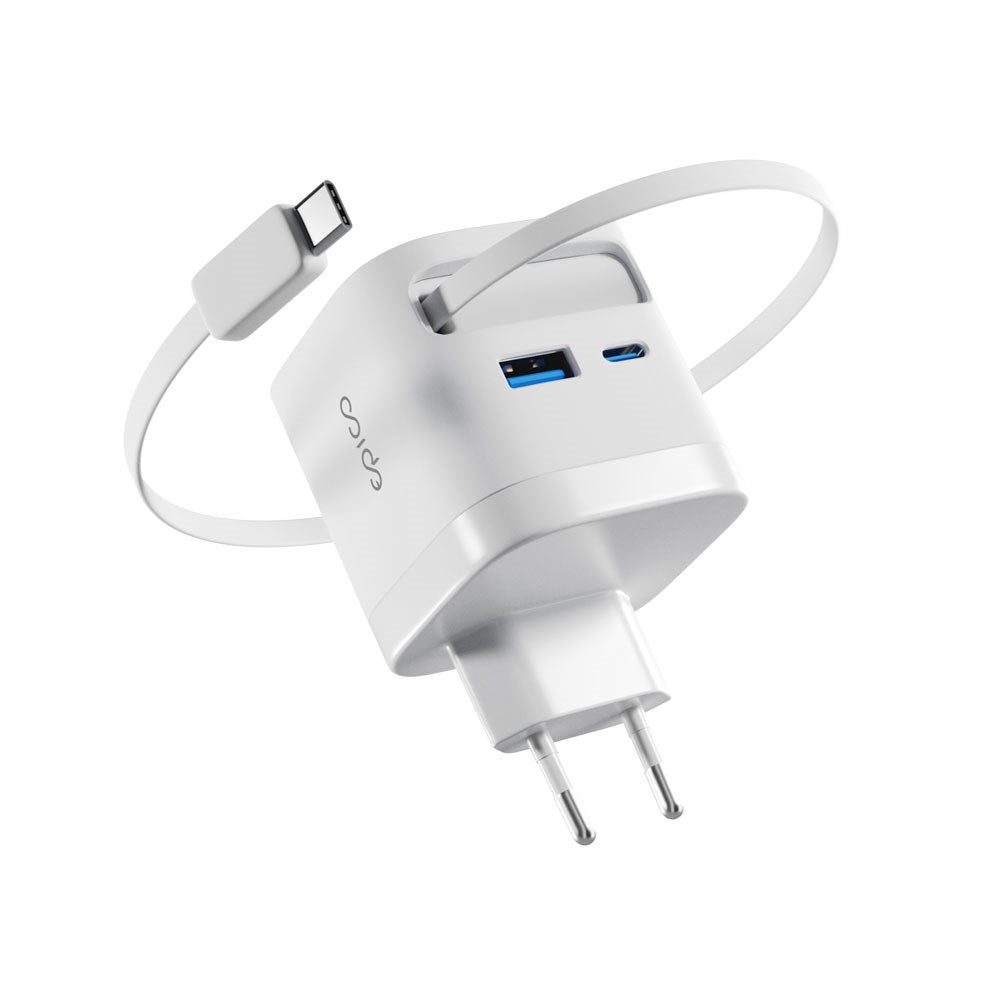 Epico UltraBoost 65W Wall Charger with USB-C / USB-A / Retractable USB-C Cable – White