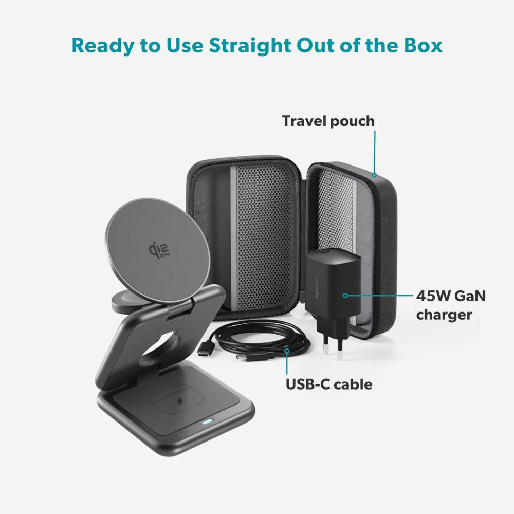 Epico UltraBase EF60 3-in-1 Fold Metal Mag+ Wireless Charger - 25W - Qi2 / MagSafe Compatible - Grey