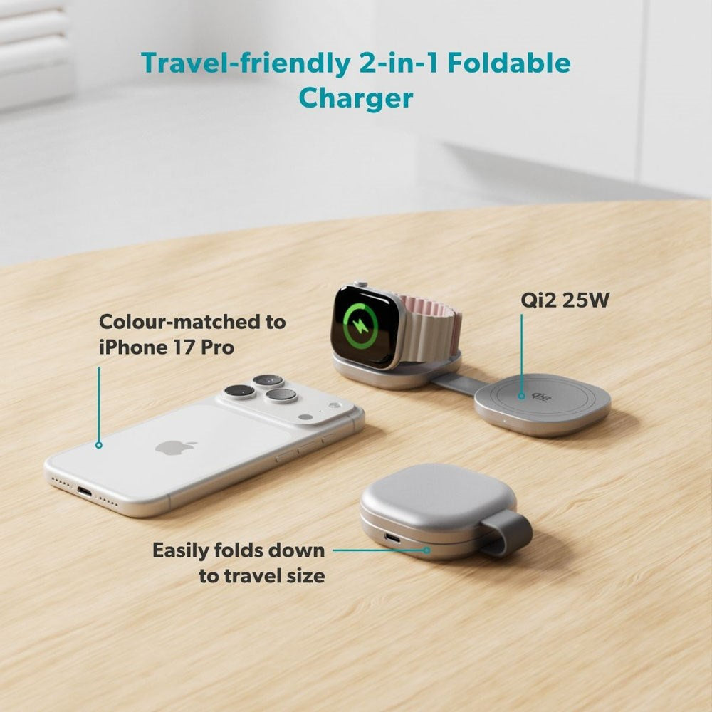 Epico UltraBase Compact Wireless Charger 25W for Smartphone / Apple Watch - MagSafe / Qi2 Compatible - Silver