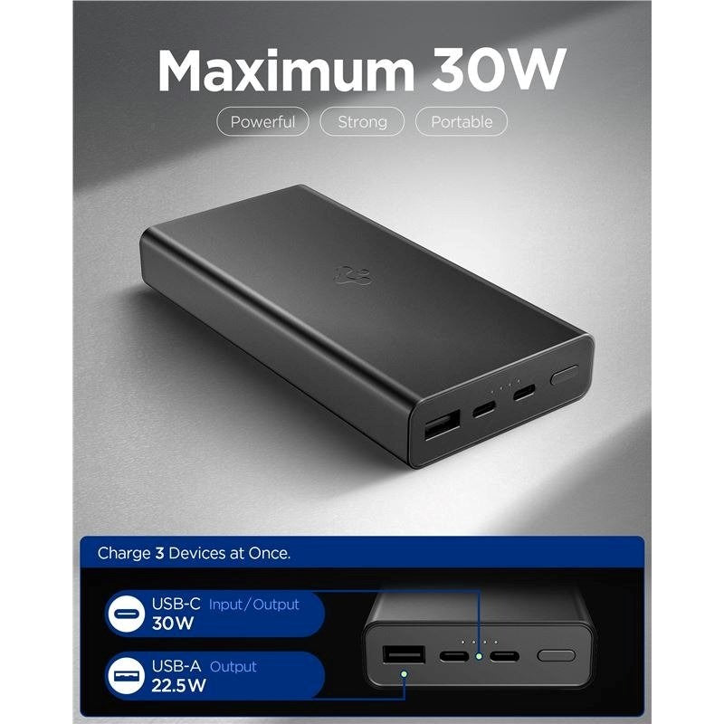 Spigen Essential 20,000mAh Powerbank with 2 x USB-C - 1 x USB-A - 30W - Black