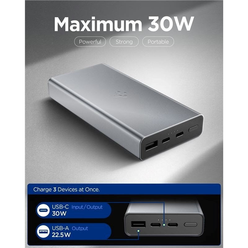 Spigen Essential 20,000mAh Powerbank with 2 x USB-C - 1 x USB-A - 30W - Grey