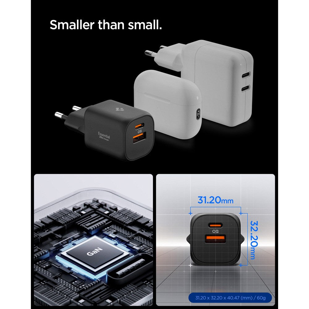 Spigen Essential 35W Wall Charger with 1 x USB-C & 1 x USB-A - Black