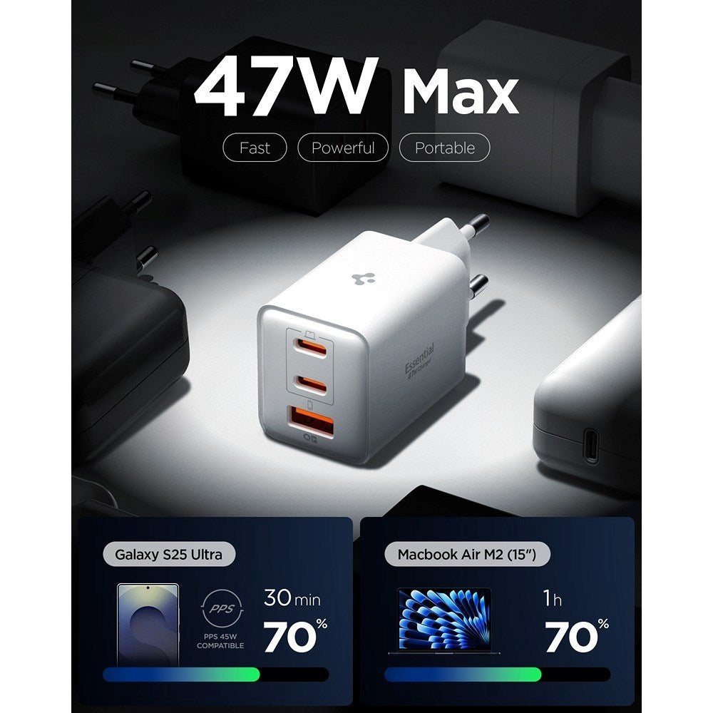 Spigen Essential 47W Wall Charger med 2 x USB-C & 1 x USB-A - White