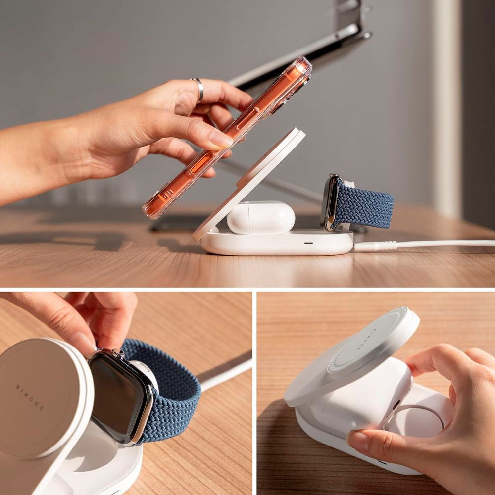 Ringke 3-in-1 Qi2 Foldable Wireless Charger – 25W – MagSafe Compatible – White