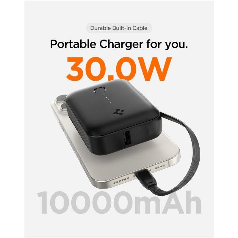 Spigen Essential 10,000mAh Powerbank with Built-in USB-C Cable & 30W - Black