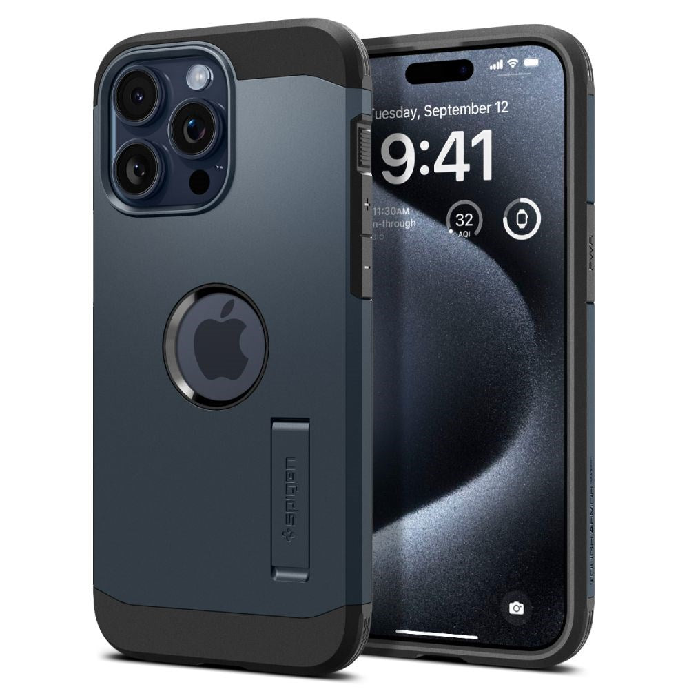 iPhone 15 Pro Spigen Tough Armor Case w. Kickstand - MagSafe Compatible - Metal Slate