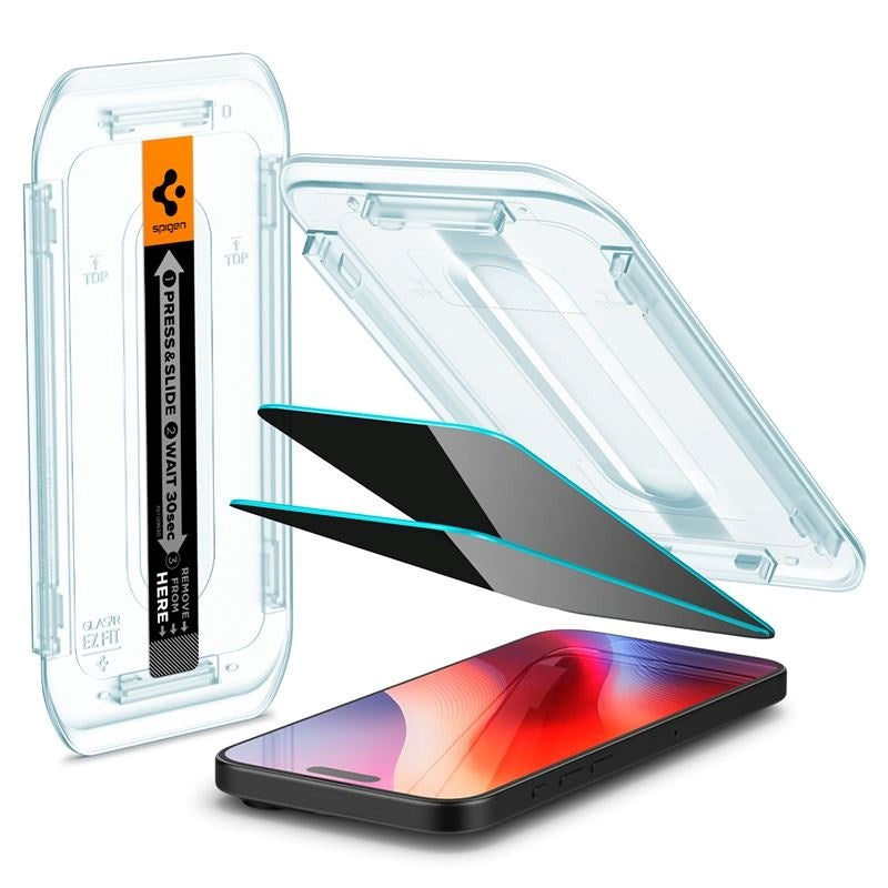 iPhone 17 Pro Max / 16 Pro Max Spigen EZ Fit Glas.tR Screen Protection 2. Pcs - Privacy Filter - Case Friendly - Transparent