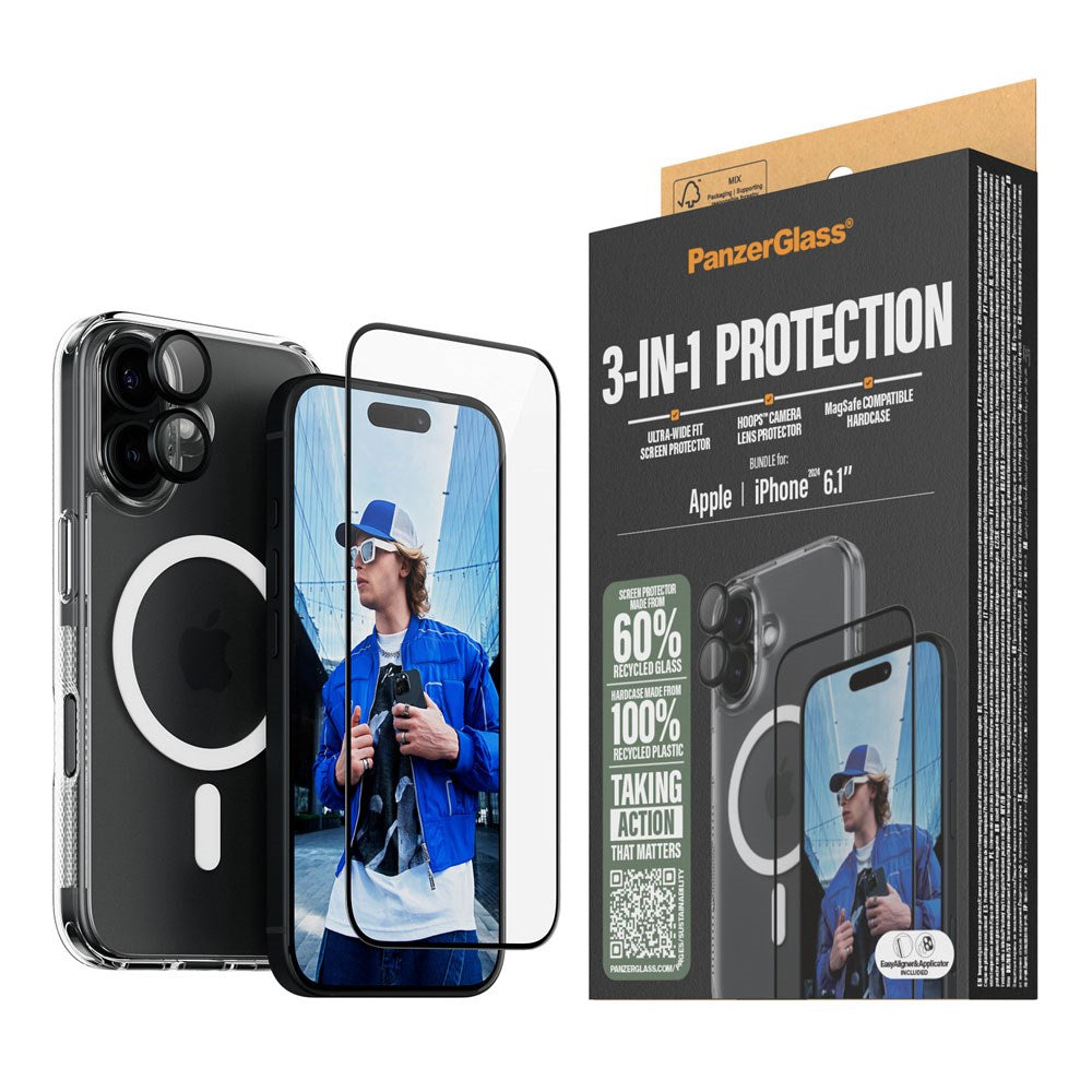 iPhone 16 PanzerGlass 3-i-1 Bundle m. EasyAligner - Screen Protector (UWF) / Case / Camera Protection - Transparent / Black